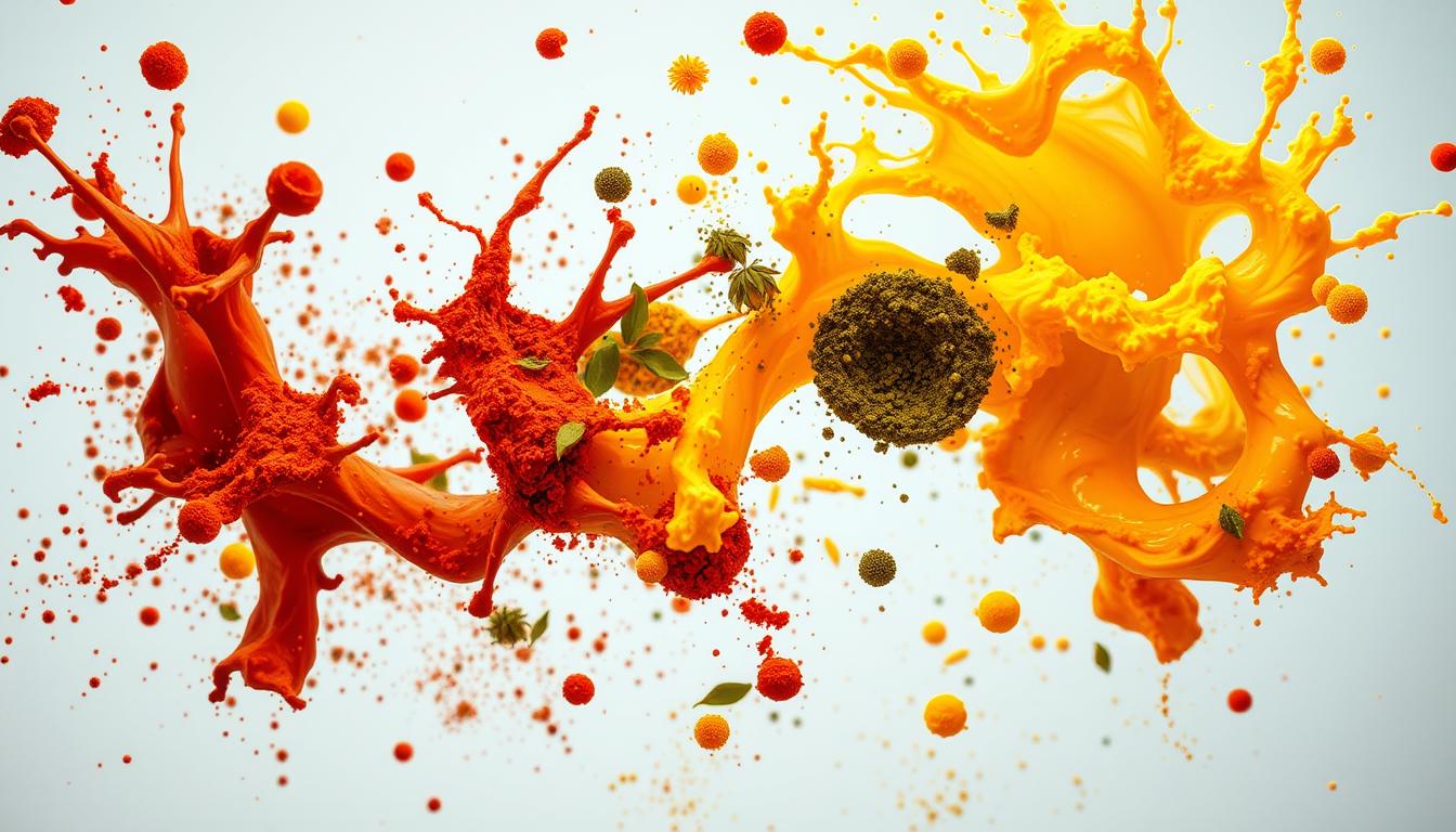 A dish of abstract cooking combining creative colors and textures, representing the fusion of science and art in gastronomy.