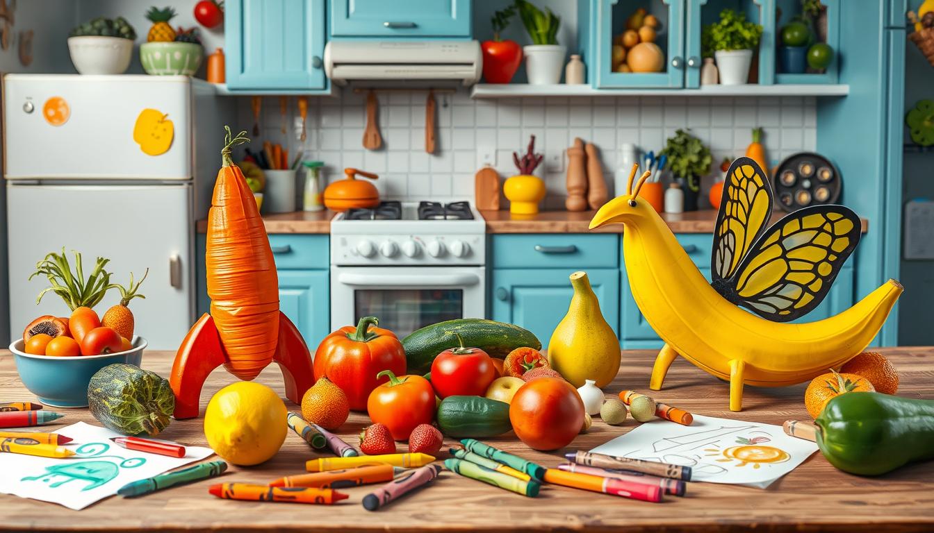 Children creating colorful food art using fresh fruits and vegetables, combining creativity and healthy eating