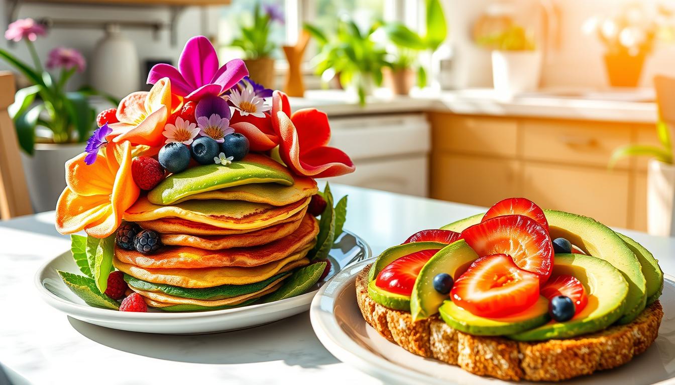 Artistic breakfast with colorful, creatively presented dishes on an elegant table.