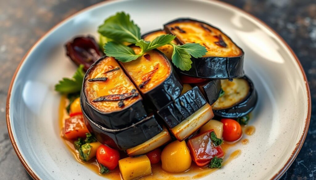 Mediterranean Recipe Inspired by Art: 5 Ways to Create a Cubist-Style Eggplant Timbale 10 A visually stunning Cubist-style Eggplant Timbale, a Mediterranean recipe inspired by art, featuring roasted eggplant layers with zucchini, tomatoes, and fresh herbs.