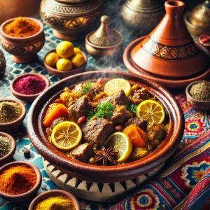 ➤Traditional Moroccan tajine with lamb, preserved lemons, turmeric, and cumin, served on a table with colorful Moroccan fabrics and pottery.