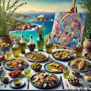 A beautifully set Mediterranean dining table with vibrant dishes representing "The Artistic Fusion of Mediterranean Flavors.