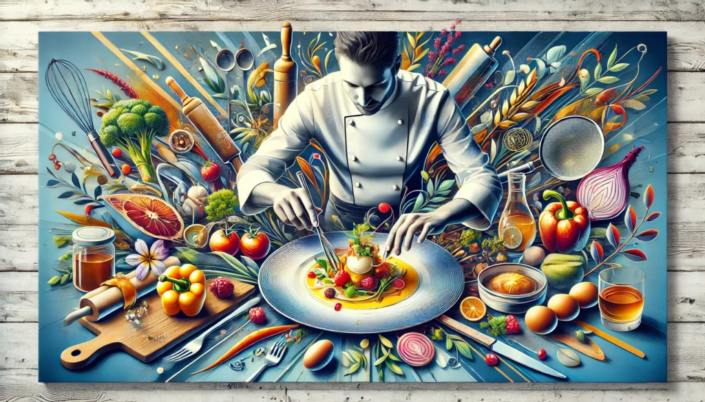 Unveiling the Art of Culinary Artistry: Chef's clearly defined hands skillfully plating a gourmet dish in a modern kitchen with colorful ingredients and artistic presentation, designed for discerning palates.