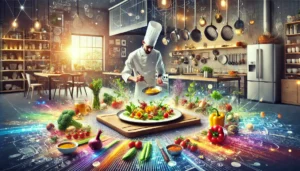 La Guía Definitiva del Arte en el Plato: 5 Técnicas Innovadora 2 Un chef en una cocina moderna, colocando un plato gourmet. La escena incluye ingredientes frescos, verduras coloridas y herramientas de cocina innovadoras, todo en un ambiente luminoso y acogedor.