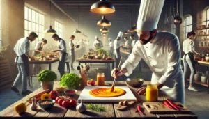 La Guía Definitiva del Arte en el Plato: 5 Técnicas Innovadora 3 Un chef en un estudio culinario moderno pinta una salsa sobre un plato blanco, con otros chefs trabajando en el fondo. La escena muestra un ambiente colorido y creativo, lleno de ingredientes frescos y herramientas artísticas en una cocina iluminada.
