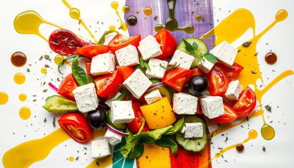 10 Irresistible Mediterranean Recipes: A Creative and Healthy Journey 9 A beautifully arranged Abstract Greek Salad, inspired by Mediterranean art, featuring vibrant colors and fresh ingredients like tomatoes, cucumbers, bell peppers, red onions, olives, and feta cheese, all drizzled with olive oil.