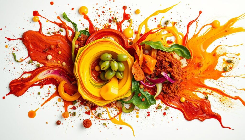 An abstract dish with vibrant colors, fresh grapes, and various culinary elements creatively arranged, representing artistic gastronomy.