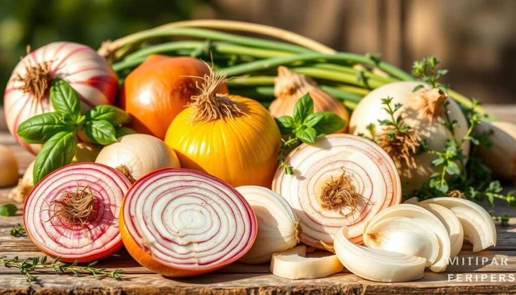 A vibrant display of freshly harvested onions and garlic, including a mix of red, yellow, and white onions, arranged alongside fresh basil and thyme sprigs. The vegetables are whole and sliced, showing the different layers and textures, all set against a rustic wooden surface.