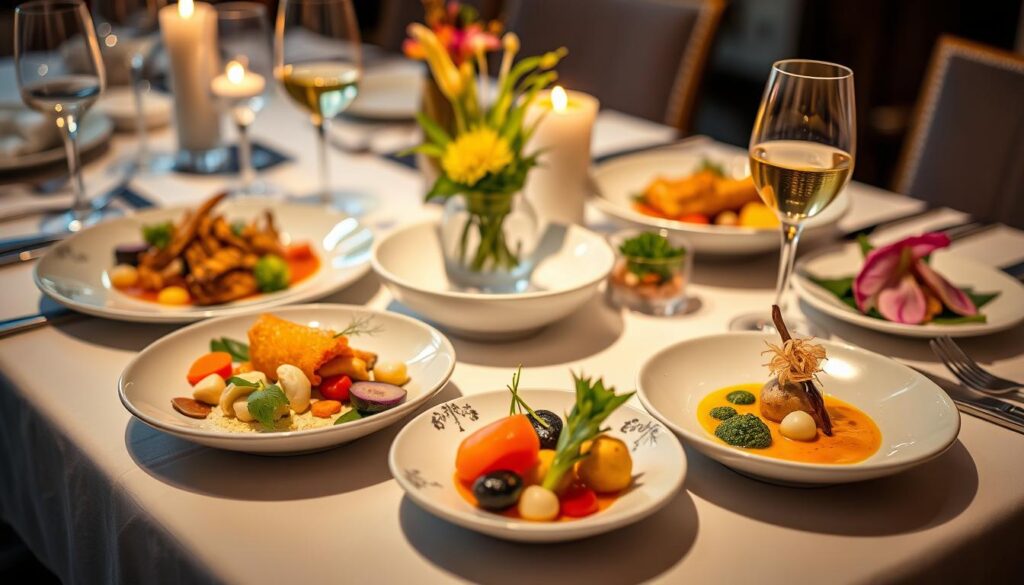 Special recipes designed for discerning palates, showcasing a variety of gourmet dishes elegantly plated on a dining table, complete with colorful ingredients and fine dining presentation.