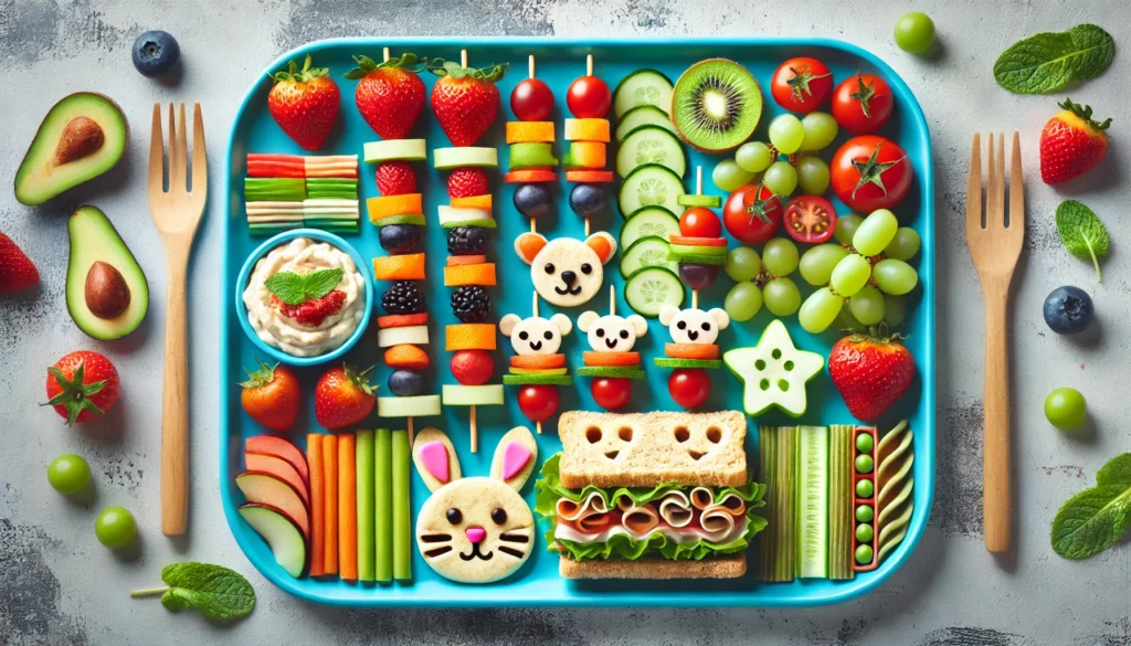 A vibrant rectangular plate filled with fun and nutritious food ideas for kids, featuring colorful fruit skewers made with strawberries, grapes, and melon, veggie sticks with hummus, mini whole grain sandwiches shaped like animals, and fun-shaped pasta salad with cherry tomatoes and peas.