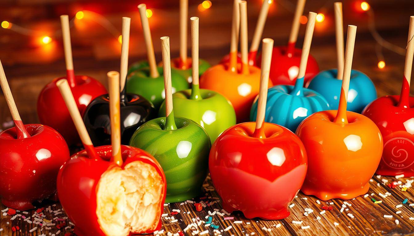 Delicious candy apples with a shiny red coating, perfect for autumn celebrations.