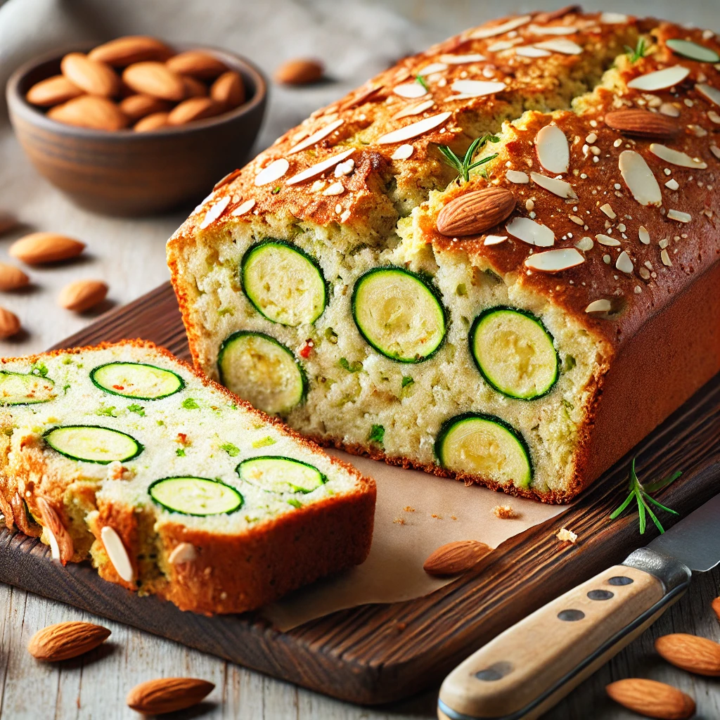 DALL·E 2024 10 05 19.10.55 A delicious and wholesome zucchini and almond bread loaf freshly baked and sliced. The bread shows a soft moist interior with specks of grated zucch