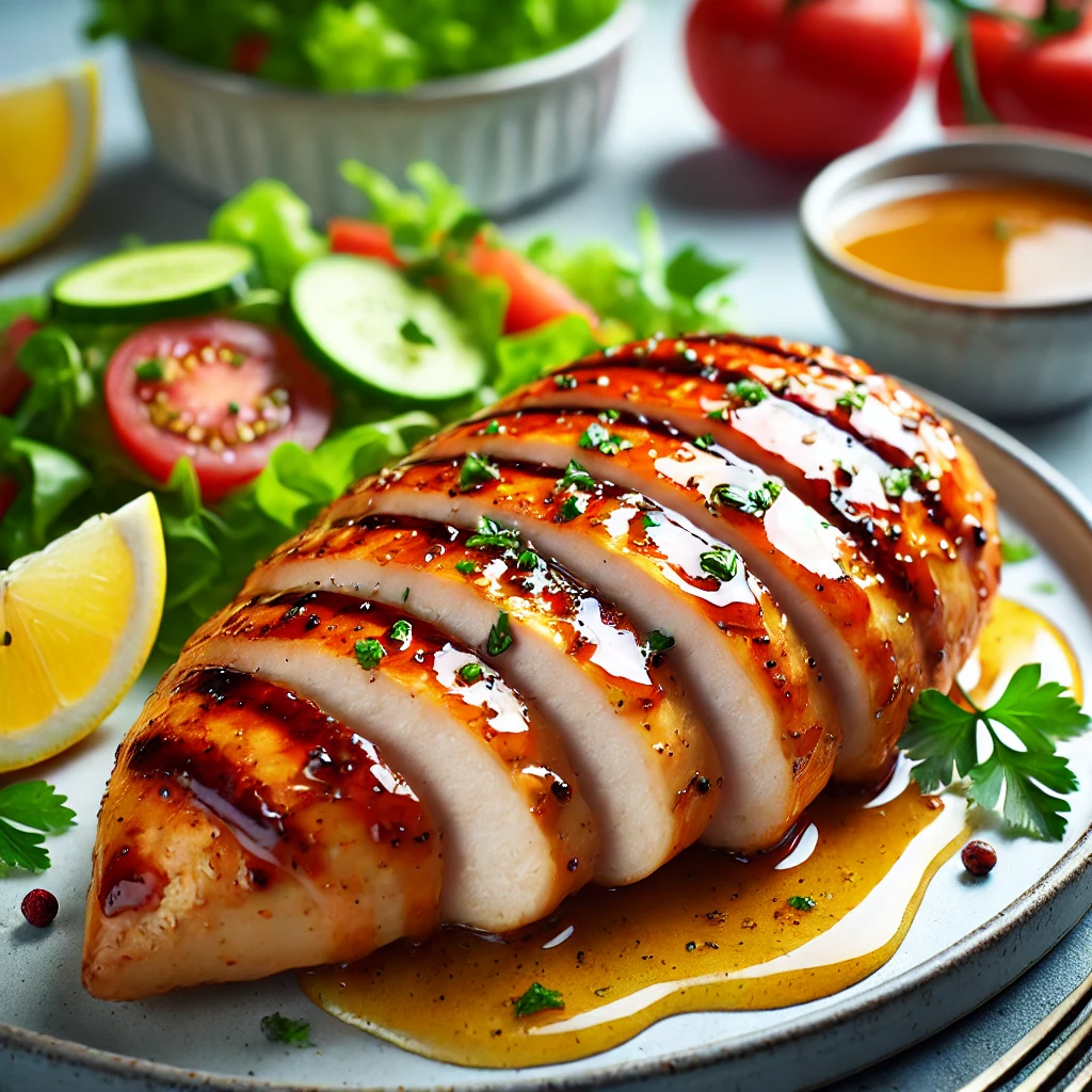 DALL·E 2024 10 06 17.26.04 A beautifully grilled chicken breast on a plate brushed with a sugar free mustard and honey glaze. The chicken is sliced to reveal its tender and jui