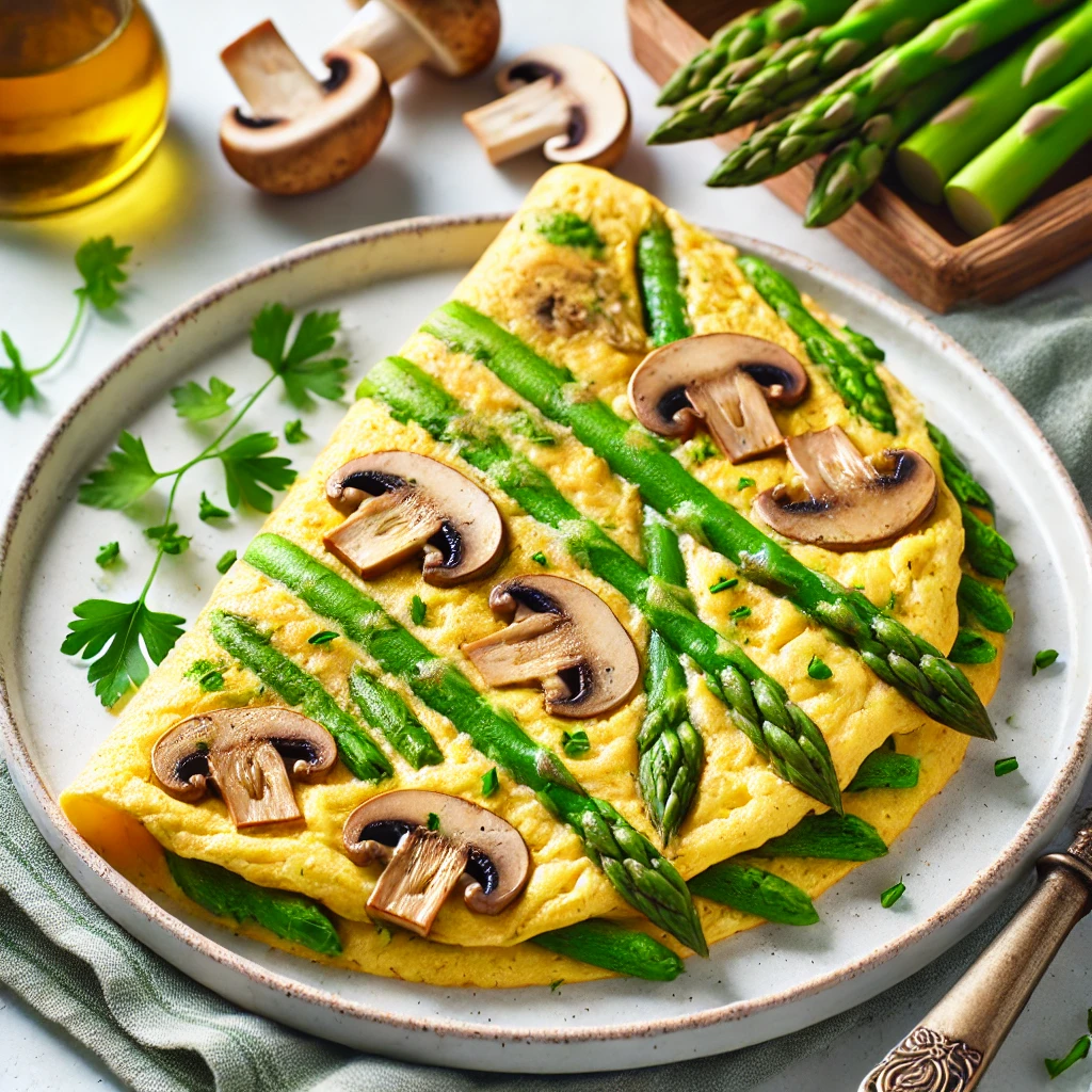 DALL·E 2024 10 06 17.58.57 A healthy asparagus and mushroom omelette without oil freshly made and folded on a white plate. The omelette has a golden fluffy texture with vibra