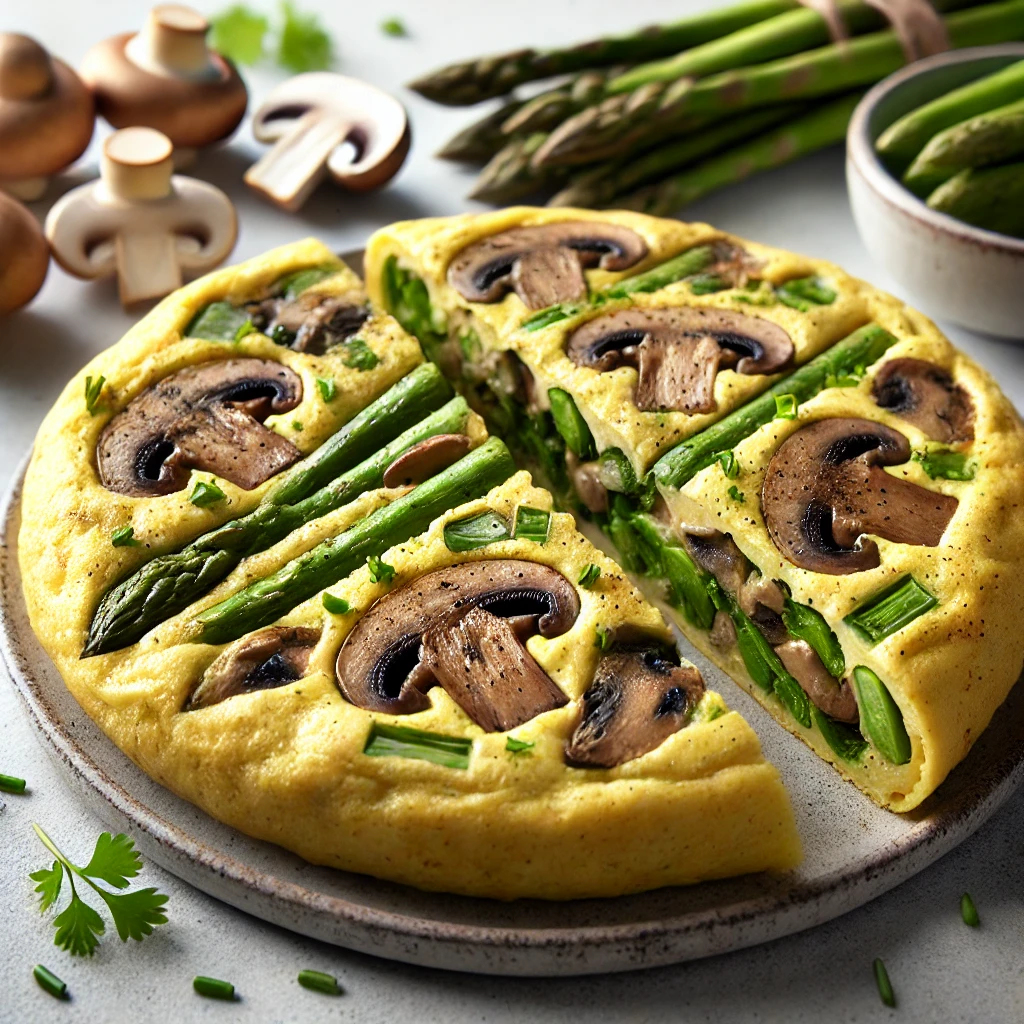 DALL·E 2024 10 06 17.59.27 A close up of a freshly made asparagus and mushroom omelette without oil focusing on the filling. The omelette is shown cut open to reveal the tender