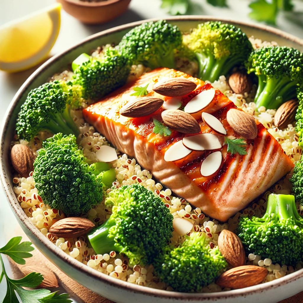 DALL·E 2024 10 06 18.26.14 A close up of a quinoa bowl with a grilled salmon fillet tender broccoli florets and toasted almonds. The salmon is cooked to a golden brown color a