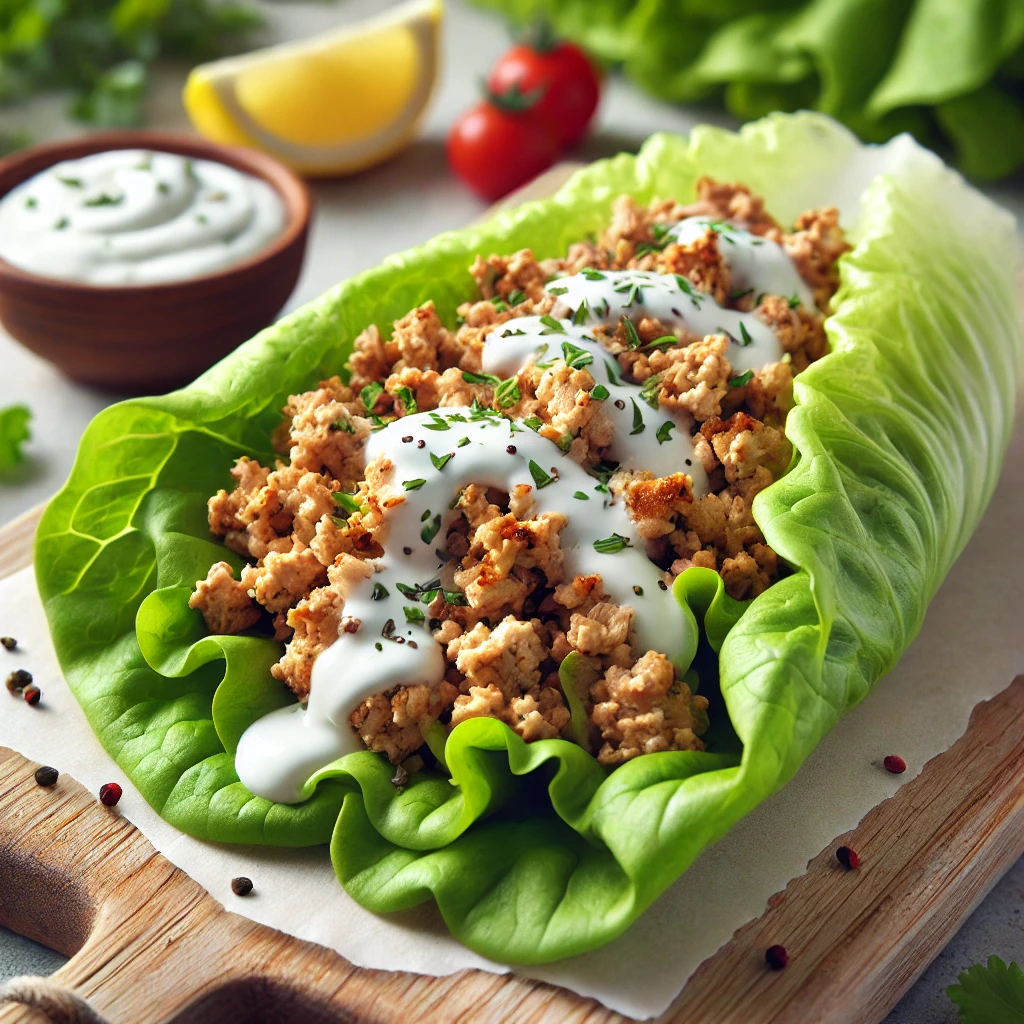 DALL·E 2024 10 07 00.16.26 A close up of a lettuce wrap with ground turkey filling topped with yogurt sauce. The ground turkey is seasoned and golden brown packed into crisp g