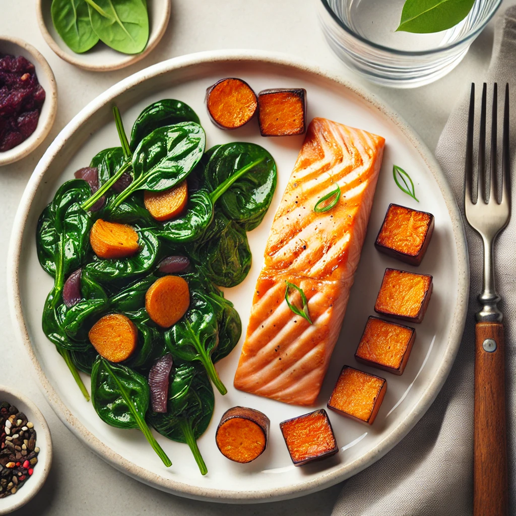 DALL·E 2024 10 07 22.08.08 A healthy and balanced meal of baked salmon served with a side of sauteed spinach and roasted sweet potatoes. The salmon is cooked to a perfect golden