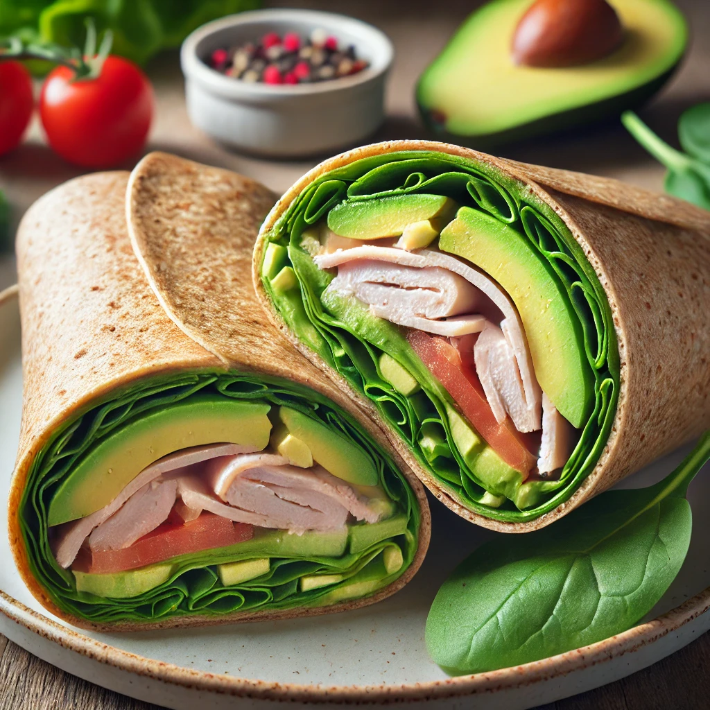 DALL·E 2024 10 07 22.16.20 A healthy and fresh turkey and avocado wrap. The wrap is made with whole wheat tortilla filled with sliced turkey breast fresh avocado leafy greens