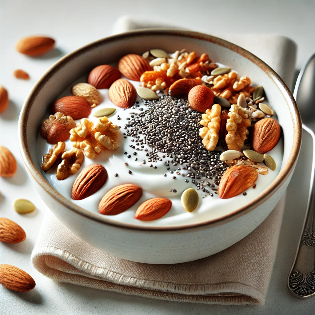 Healthy snack options for diabetic: Greek Yogurt with Nuts and Seeds  