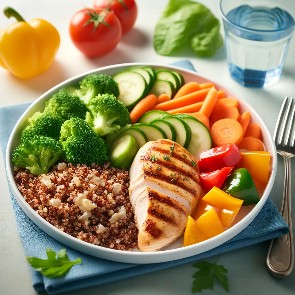 DALL·E 2024 10 08 10.00.08 A healthy balanced plate for diabetics featuring a lean protein source like grilled chicken breast a serving of quinoa and a variety of colorful ve