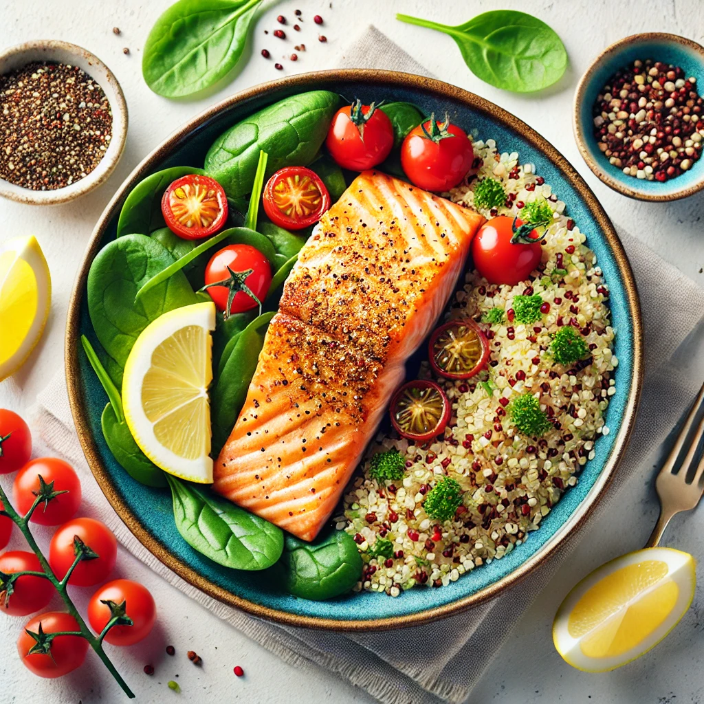 DALL·E 2024 10 08 10.14.35 A vibrant plate of salmon and quinoa bowl featuring a perfectly baked salmon fillet with a crispy golden crust. The dish includes a serving of fluff