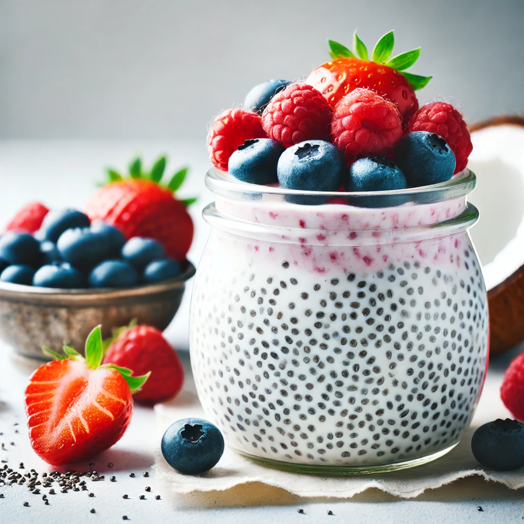 DALL·E 2024 10 08 16.02.14 A glass jar filled with creamy coconut chia pudding topped with fresh berries like strawberries blueberries and raspberries. The chia seeds are vis