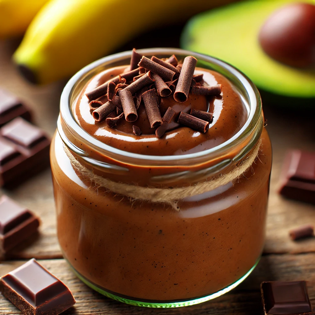 DALL·E 2024 10 08 16.02.38 A rich smooth avocado banana chocolate mousse in a small glass jar topped with dark chocolate shavings. The mousse has a creamy glossy texture wit