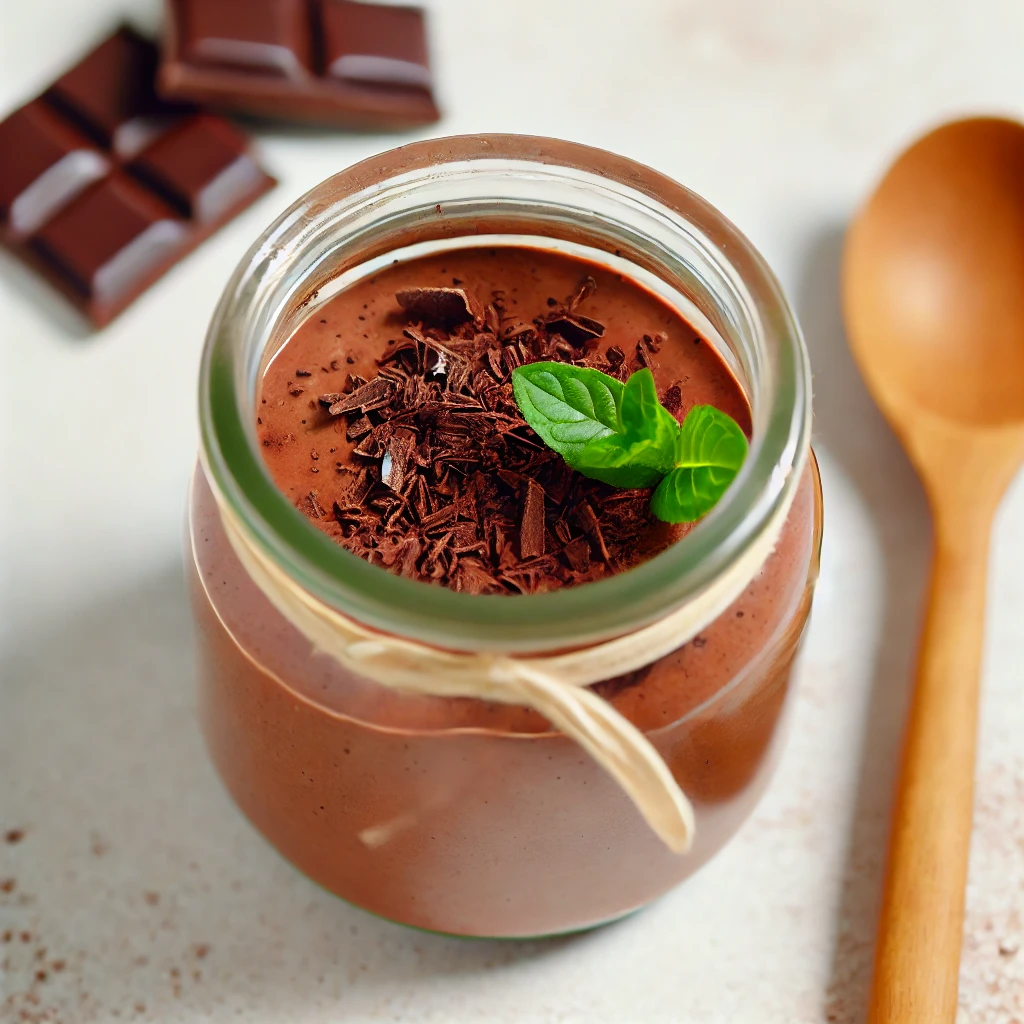 DALL·E 2024 10 08 16.07.15 A close up of a creamy sugar free chocolate avocado pudding in a glass jar topped with dark chocolate shavings and a sprinkle of cocoa powder. The te