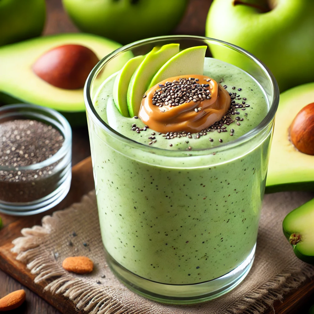 DALL·E 2024 10 09 03.40.53 A glass of creamy Avocado and Green Apple Smoothie for diabetics made with avocado green apple peanut butter and unsweetened coconut milk. The smo