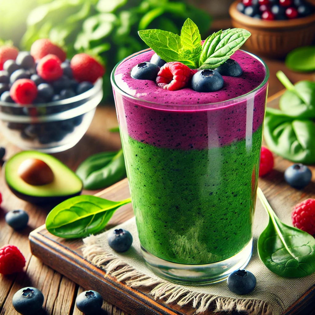 DALL·E 2024 10 09 04.03.25 A vibrant and healthy Berry Green Smoothie in a tall glass made with mixed berries spinach and almond milk. The smoothie is bright purple with gree