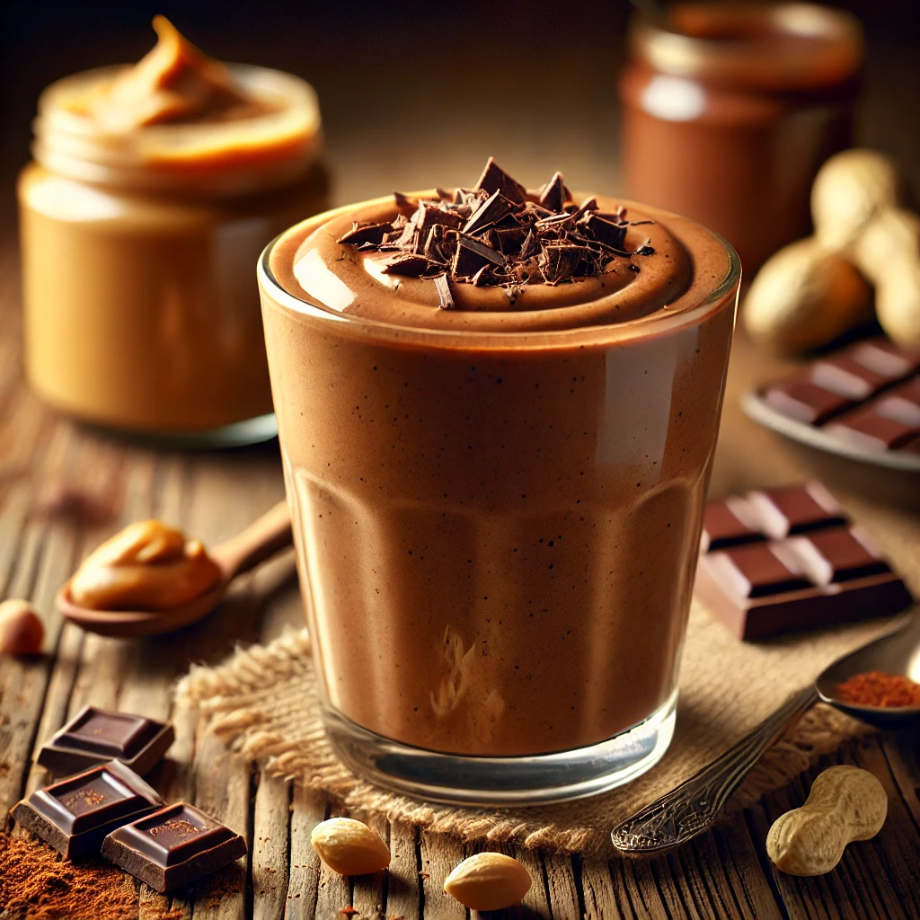 DALL·E 2024 10 09 04.14.26 A rich and creamy Peanut Butter and Chocolate Smoothie in a clear glass made with unsweetened cocoa powder natural peanut butter and almond milk. T 1