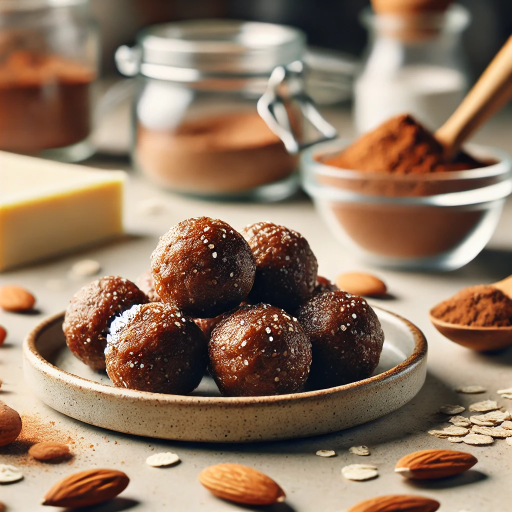 DALL·E 2024 10 09 18.07.01 A close up of low carb almond butter protein balls freshly prepared and placed on a small kid friendly plate. The background shows simple kitchen to