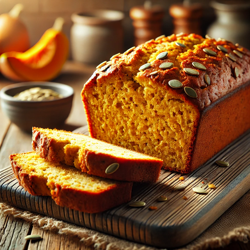 DALL·E 2024 10 11 18.17.52 A freshly baked pumpkin banana loaf golden brown with a soft and moist texture. The loaf is sliced revealing its fluffy interior with hints of pumpk