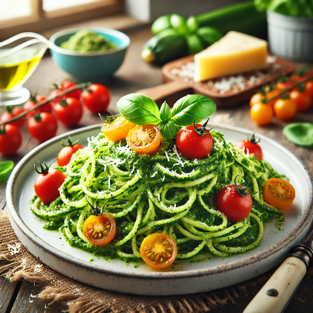 Zucchini Noodles with Pesto and Cherry Tomatoes, a healthy low-carb meal