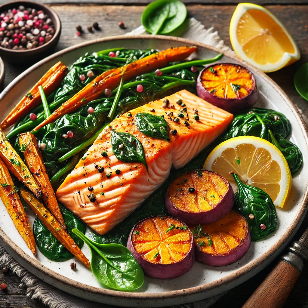 Baked Salmon with Spinach and Sweet Potatoes