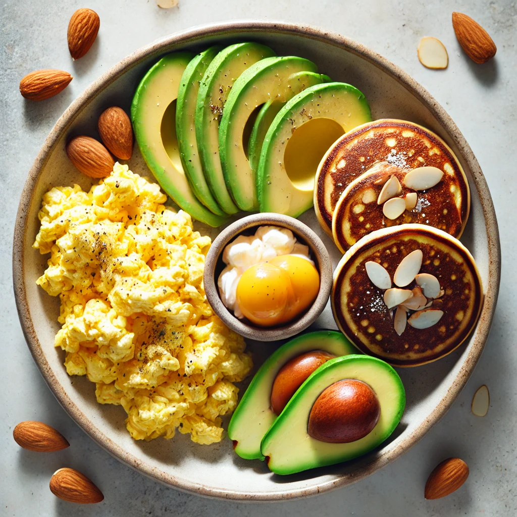 Low-carb breakfast recipes for diabetic kids: A plate of scrambled eggs with avocado slices and almond flour pancakes on the side