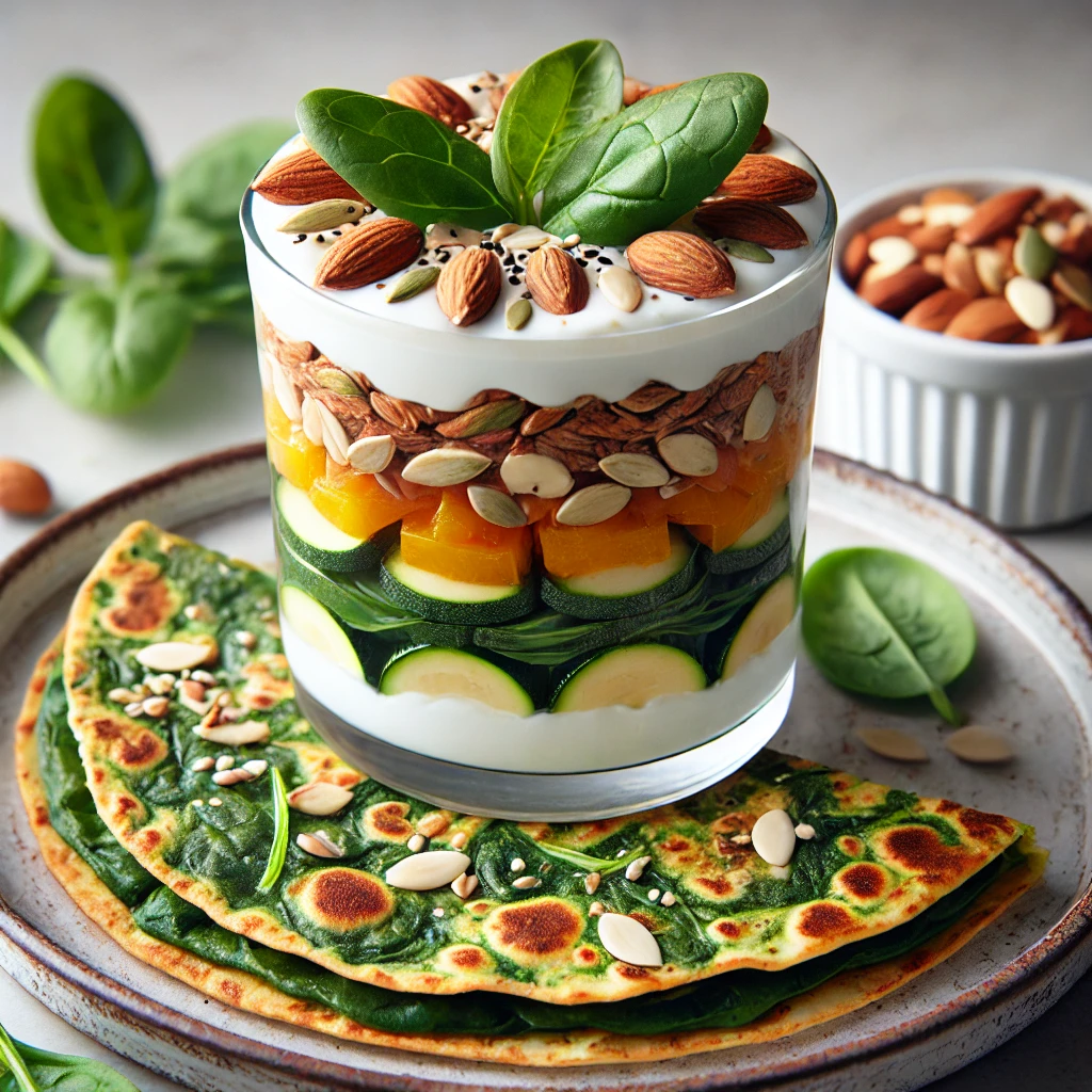 Low-Carb Breakfast Recipes for Diabetic Kids: a layered Greek yogurt parfait topped with nuts and seeds, alongside a slice of vegetable Spanish tortilla.