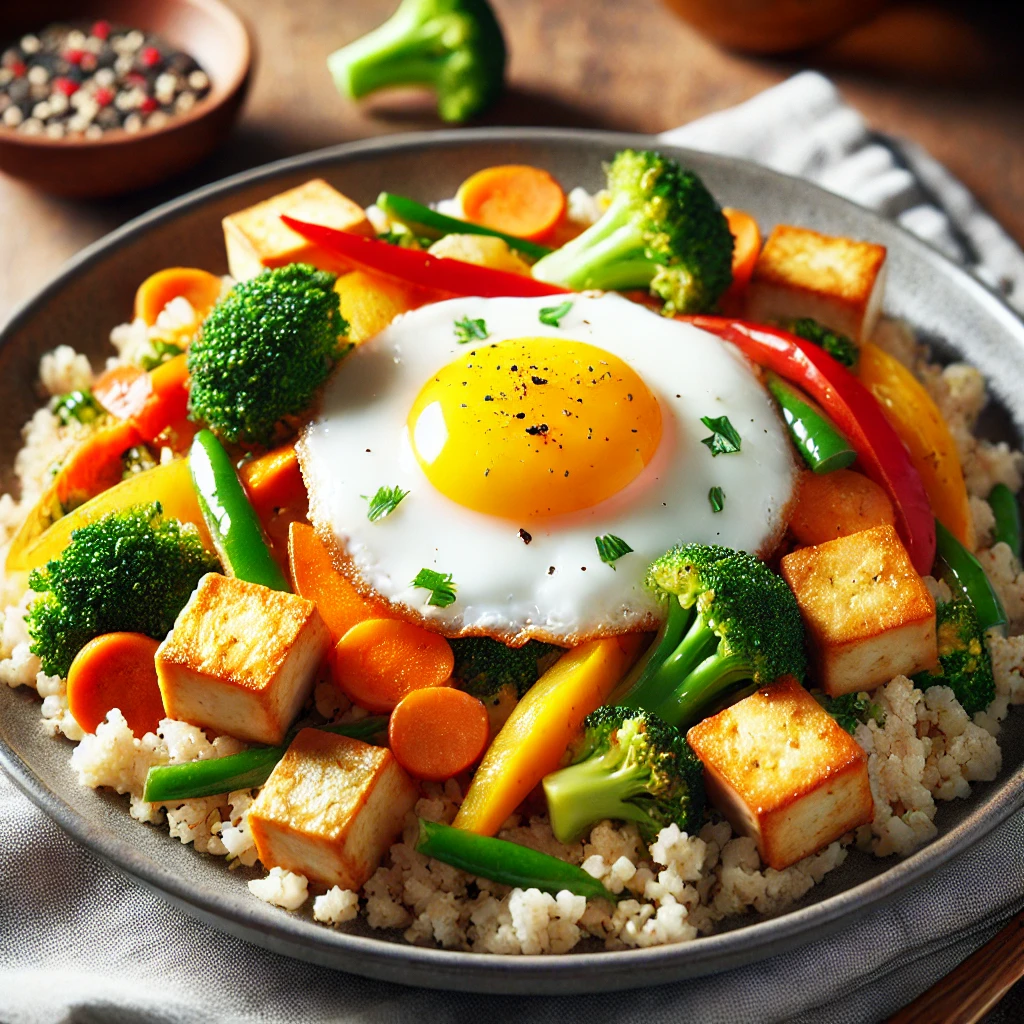 Low-Carb Breakfast Recipes for Diabetic Kids: A stir-fry dish with tofu, vegetables, and cauliflower rice with a fried egg on top