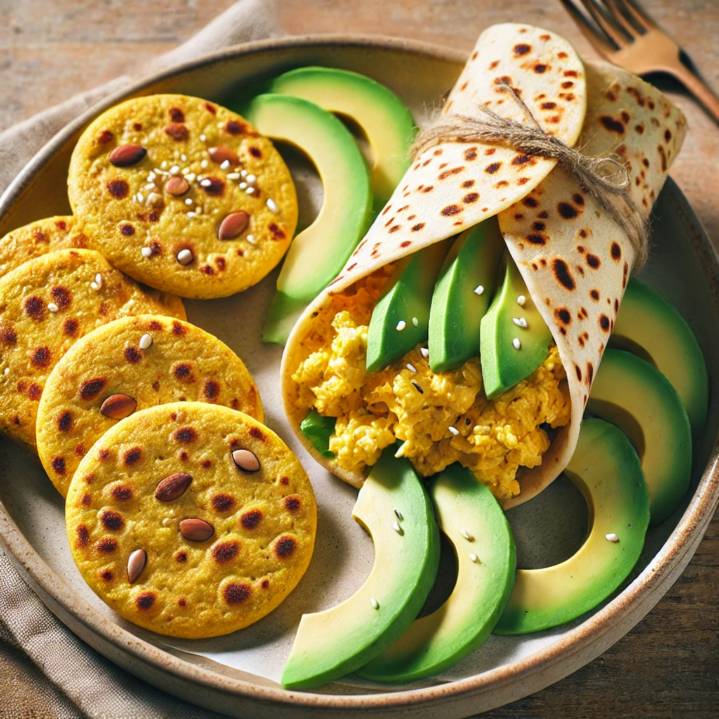 Low-Carb Breakfast Recipes for Diabetic Kids: a low-carb tortilla wrap filled with avocado and eggs, alongside a few almond flour arepas.