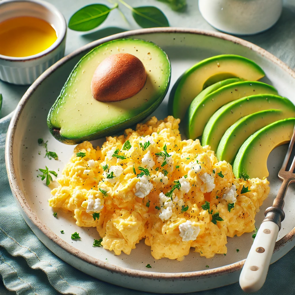 Low-Carb Breakfast Recipes for Diabetic Kids: fluffy scrambled eggs with slices of avocado on the side. 