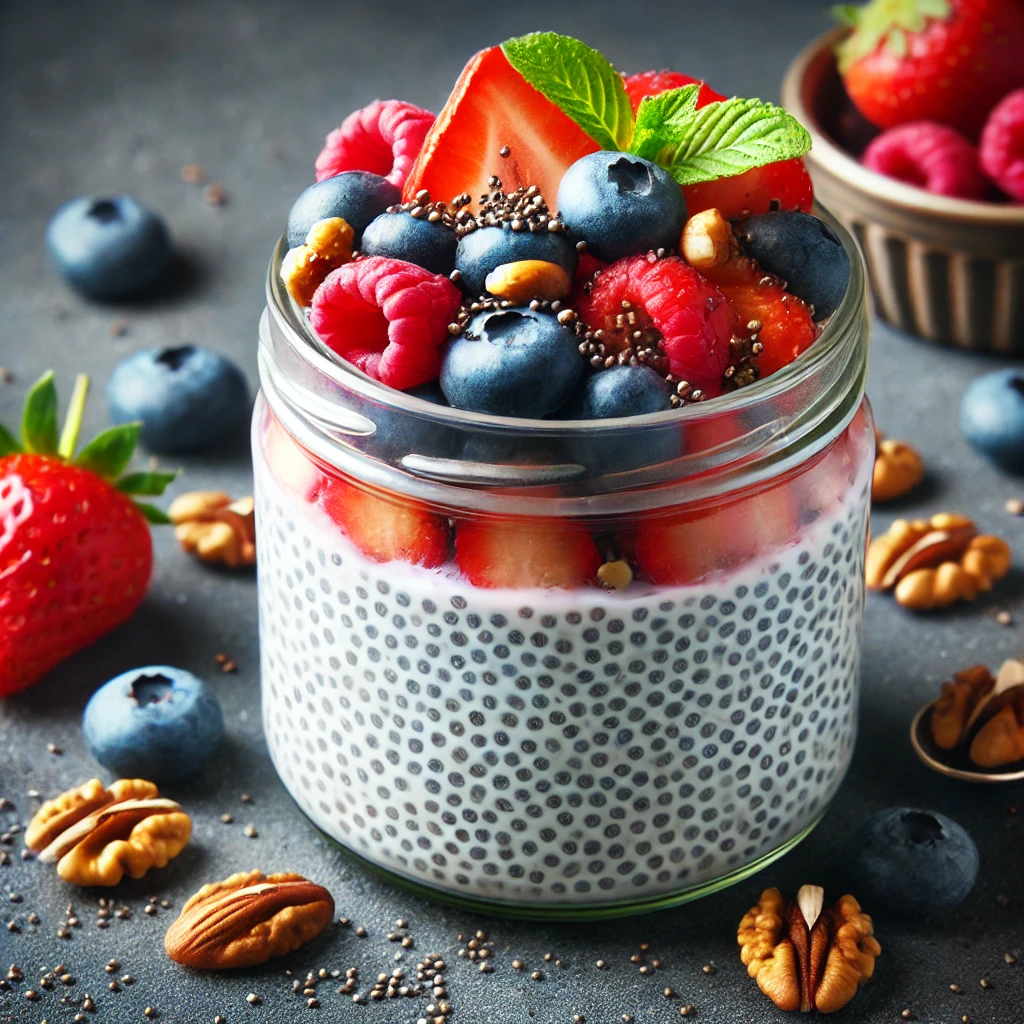 Low-Carb Breakfast Recipes for Diabetic Kids:  a jar of chia pudding topped with fresh berries and nuts.