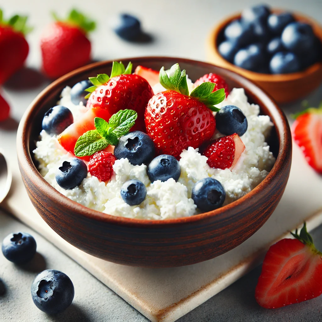 Low-Carb Breakfast Recipes for Diabetic Kids: a bowl of cottage cheese topped with strawberries and blueberries. 