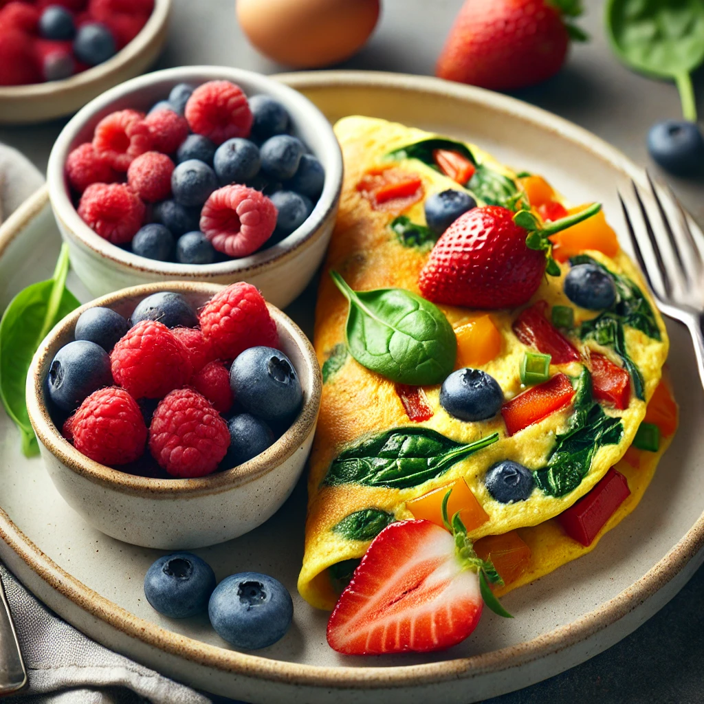 Low-Carb Breakfast Recipes for Diabetic Kids: a small bowl of mixed berries next to a vegetable omelet.