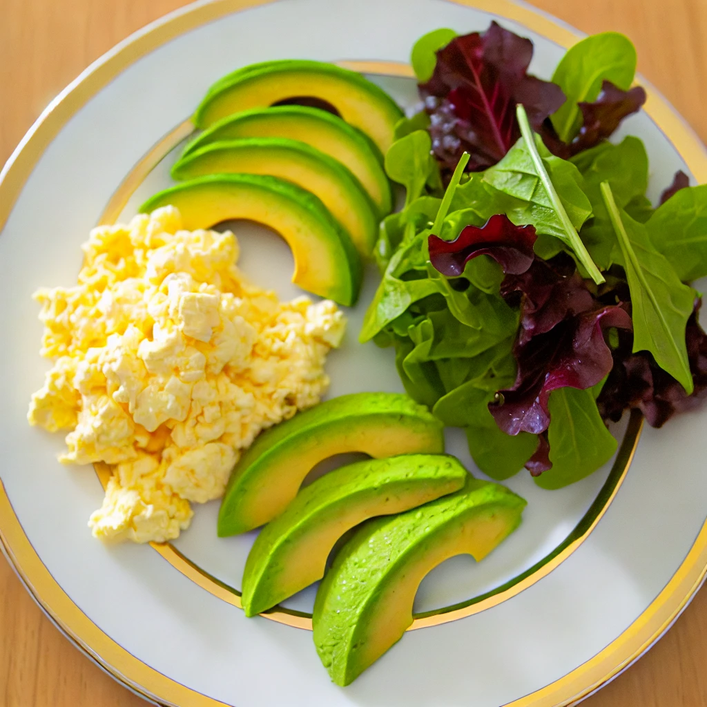 Low-Carb Brunch: featuring scrambled eggs, avocado slices, and mixed greens