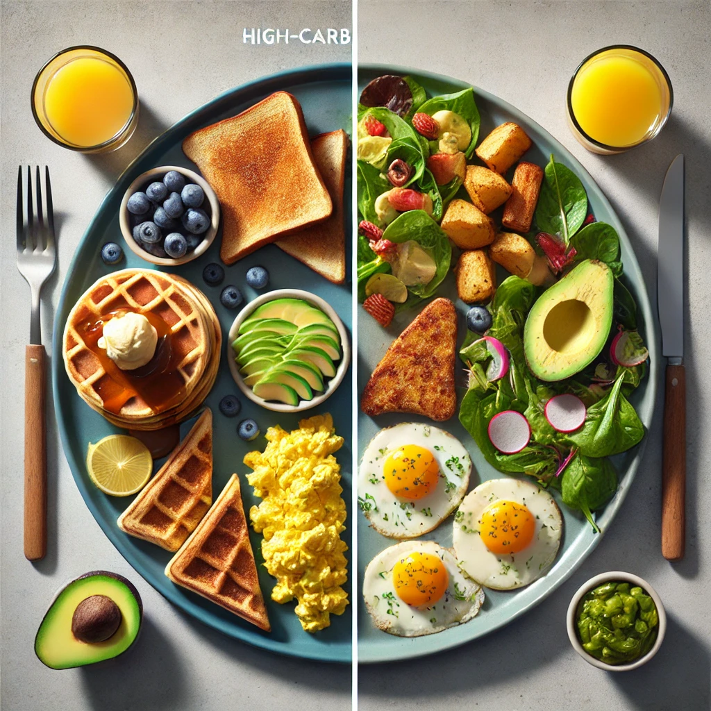  Low-Carb Brunch:  side-by-side comparison of a high-carb and low-carb brunch