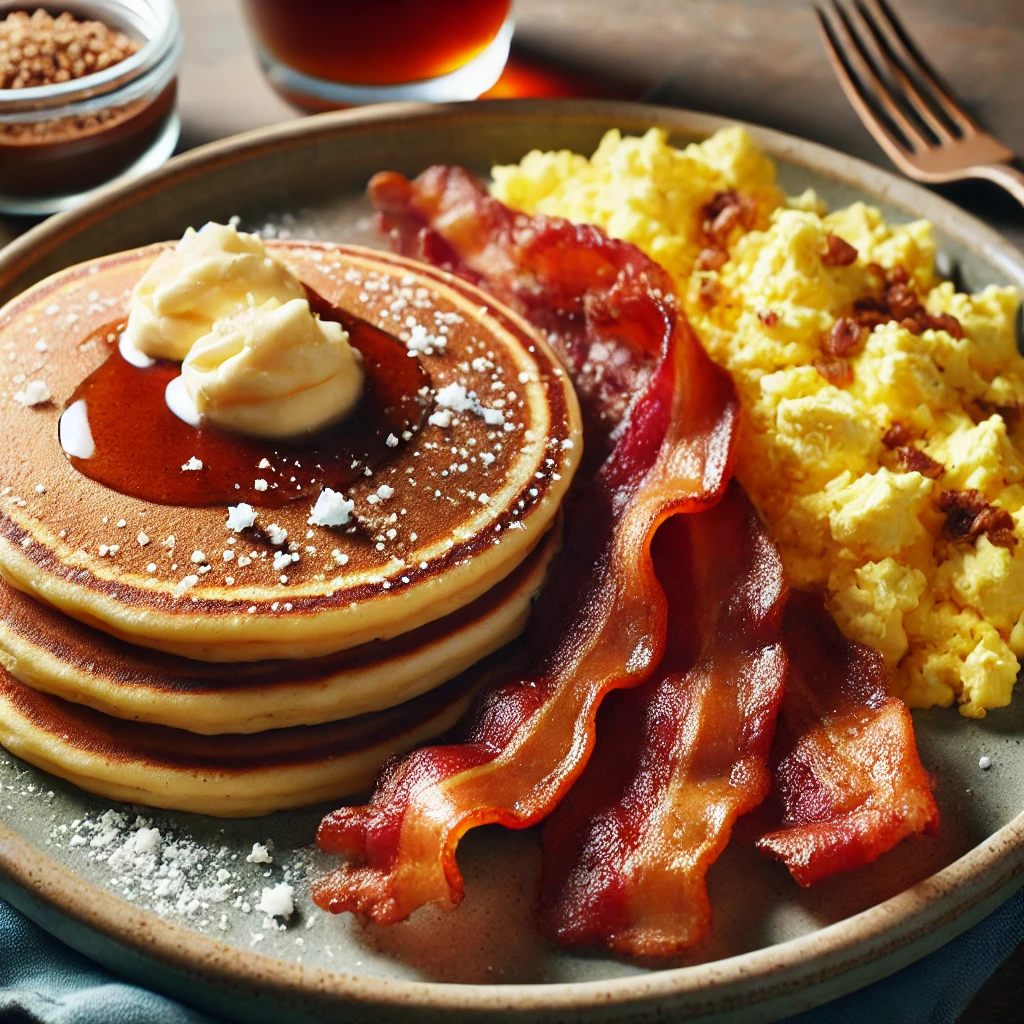 low-carb brunch: a hearty low-carb brunch plate with almond flour pancakes, bacon, and eggs.