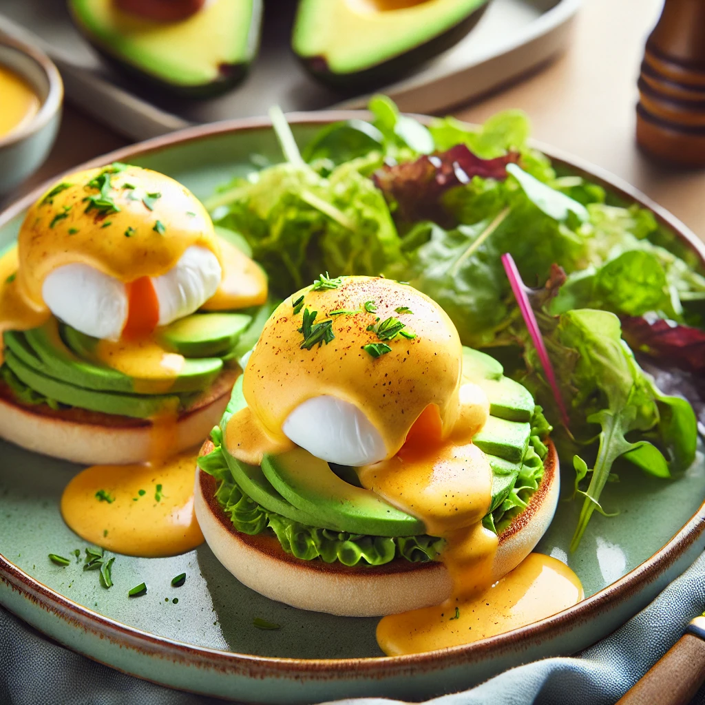  low-carb brunch: two servings of eggs benedict on avocado slices 