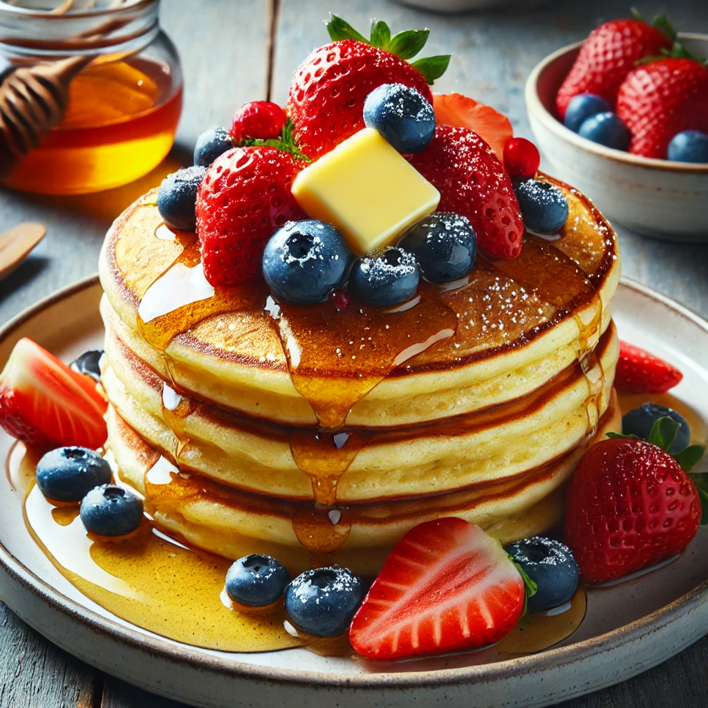  low-carb brunch: a stack of almond flour pancakes topped with butter and fresh berries, drizzled with sugar-free syrup