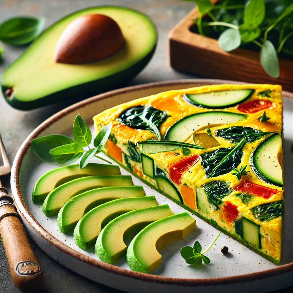 Low-carb brunch: slice of vegetable frittata on a plate, garnished with herbs and served with sliced avocado.